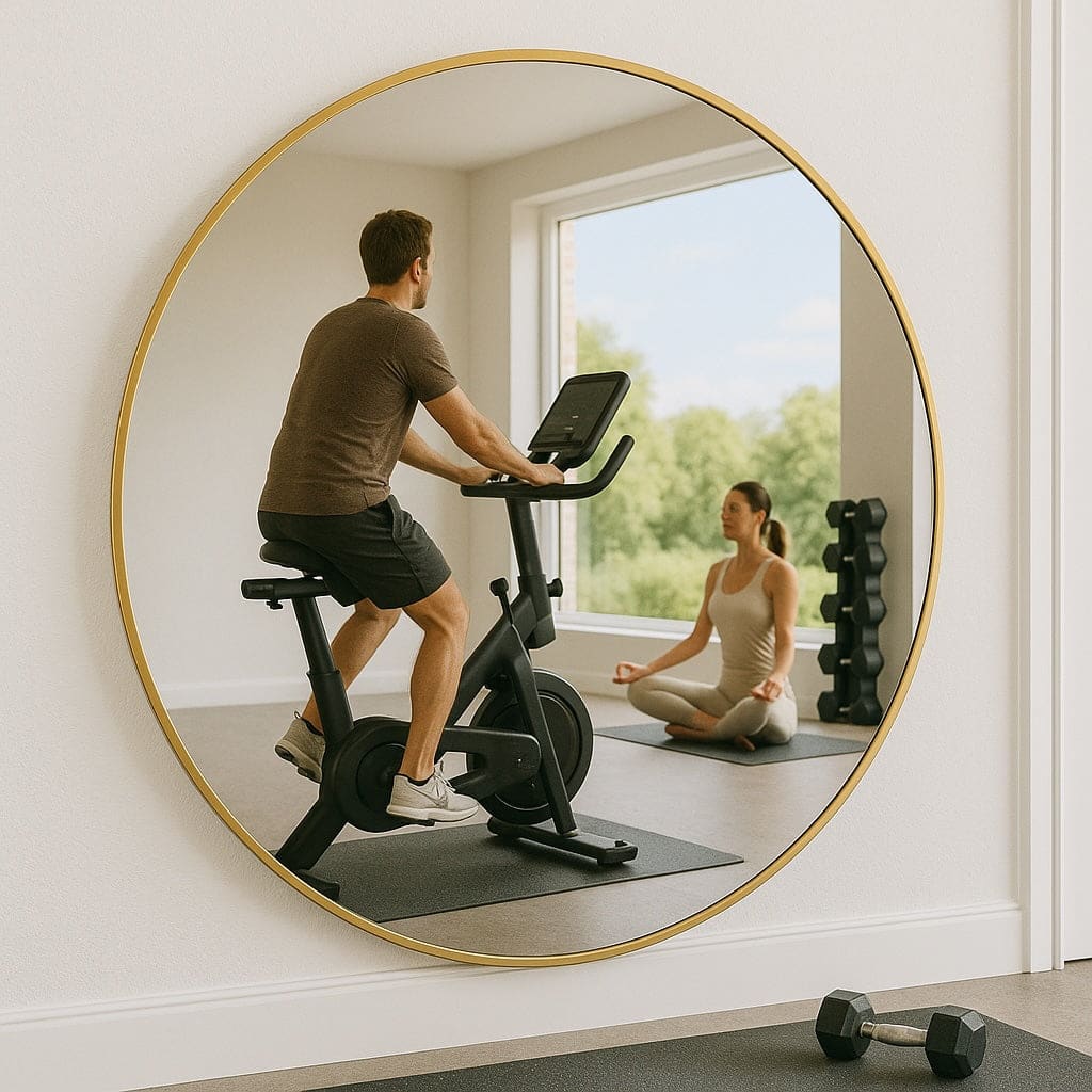 Person exercising on a bike in front of a large round mirror, with another person meditating in the reflection.