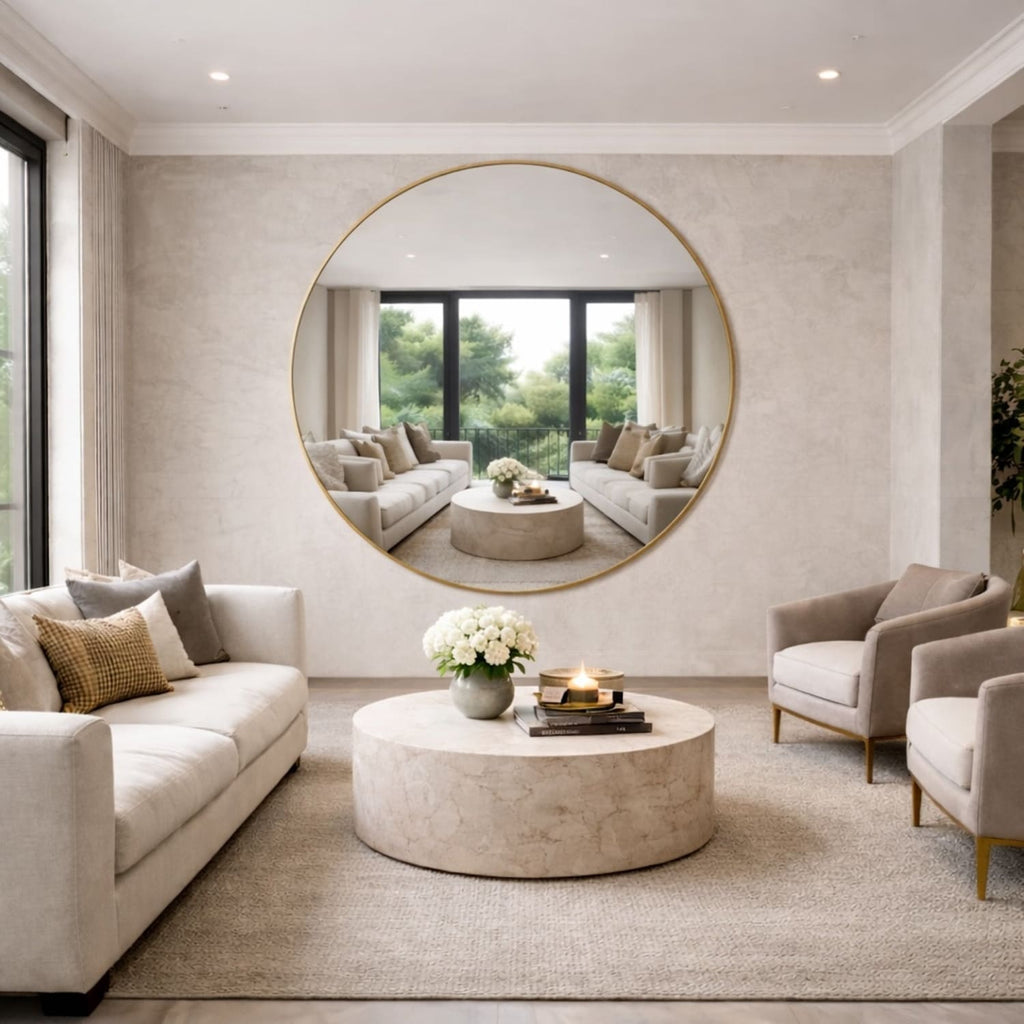Modern living room with beige sofa, round mirror, and decorative items.
