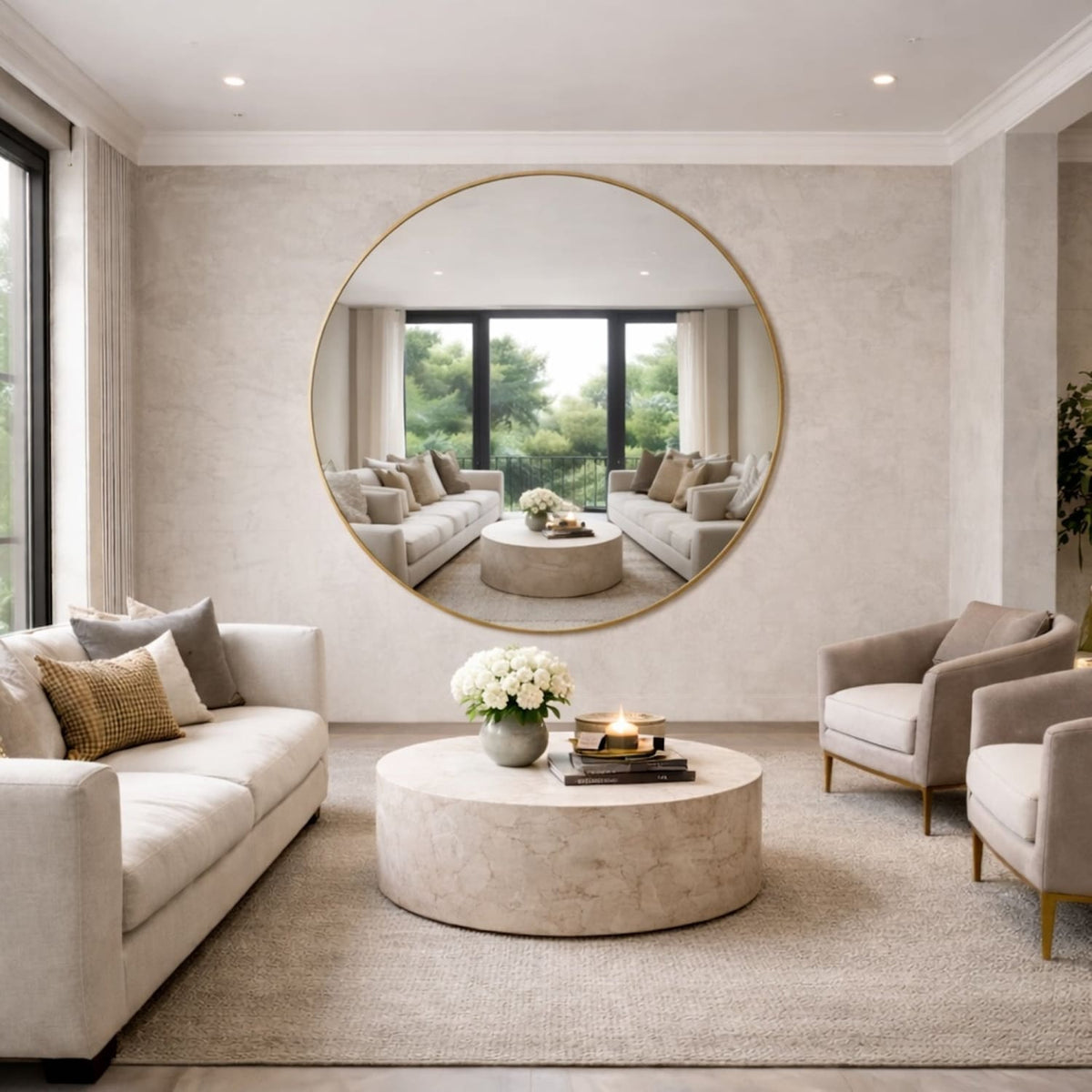 Modern living room with beige sofa, round mirror, and decorative items.