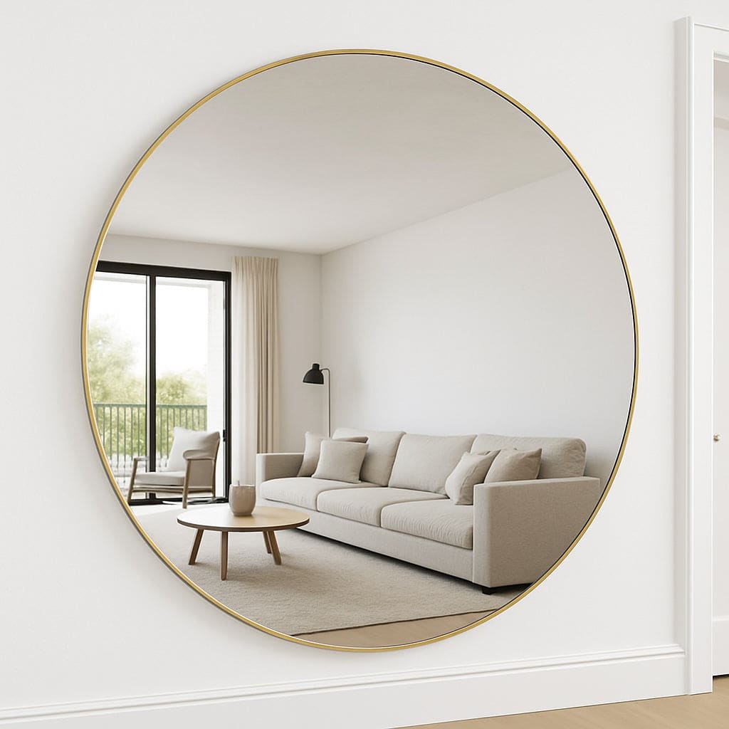 Round gold-framed mirror reflecting a living room with a sofa and coffee table.