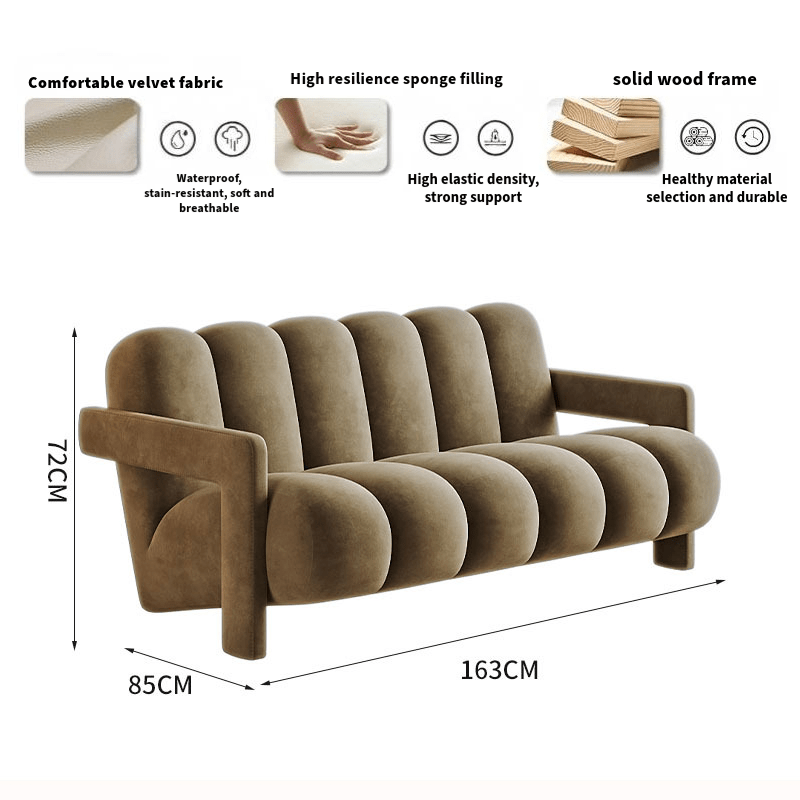 Brown sofa with dimensions and material features on a white background