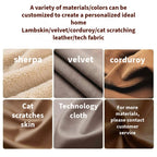Text and fabric swatches for customizable home materials including sherpa, velvet, corduroy, cat scratching leather, and technology cloth.