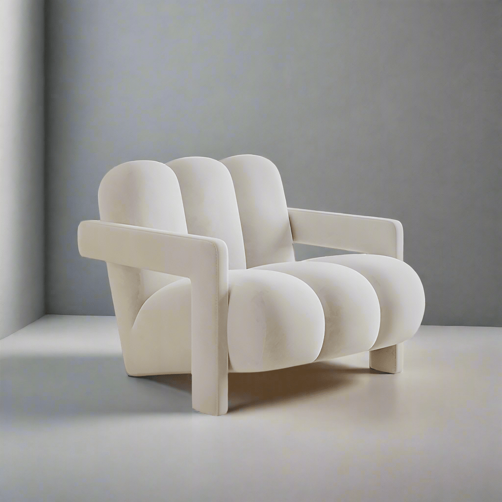 Modern white armchair against a gray wall