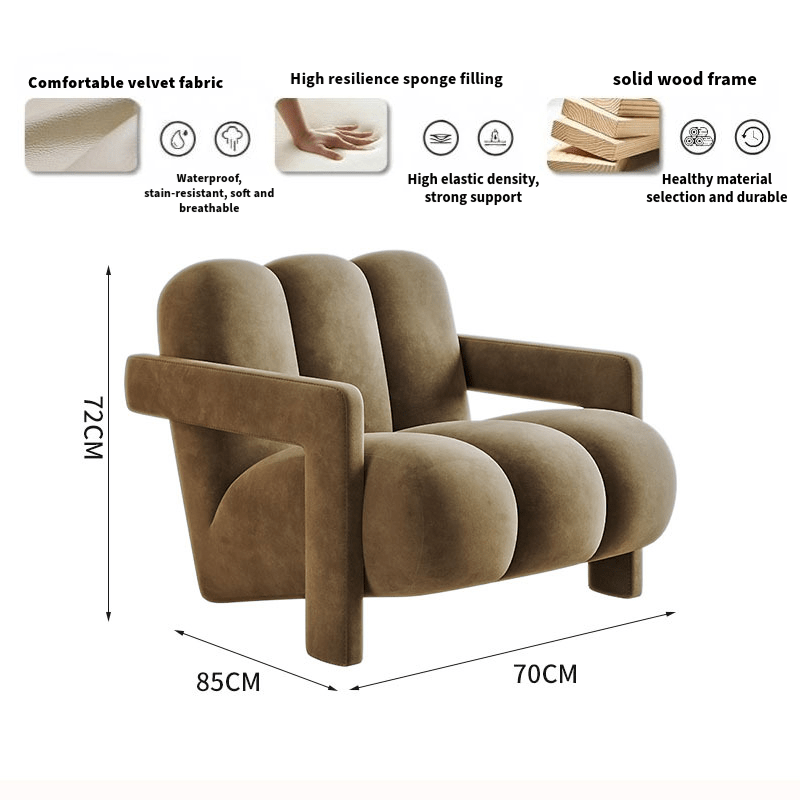 Brown armchair with dimensions and material features on a white background