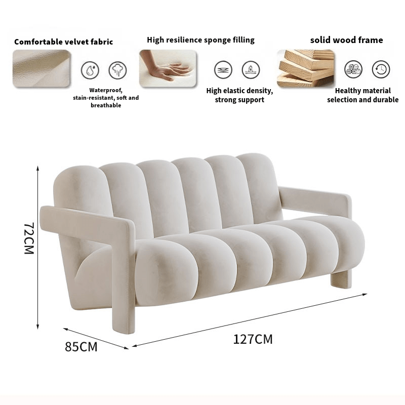 White sofa with dimensions and material features on a white background