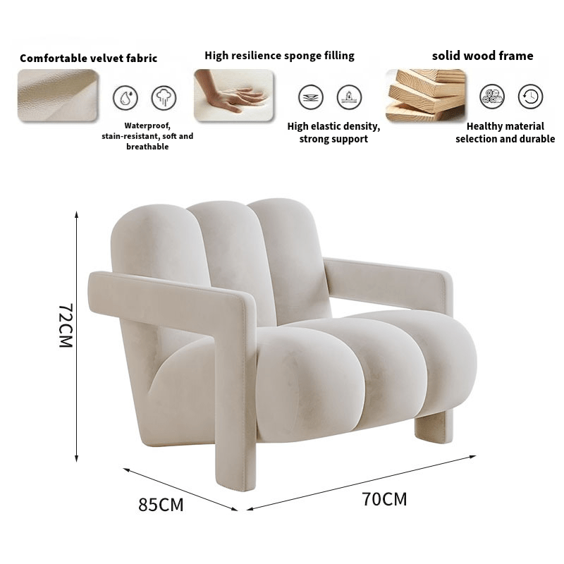 White armchair with dimensions and material features on a white background