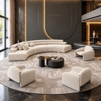 A modern curved modular sofa in light beige fabric arranged on a large round textured rug in a luxury contemporary living room. The set includes the main curved sofa, four matching accent armchairs, and two round black coffee tables.