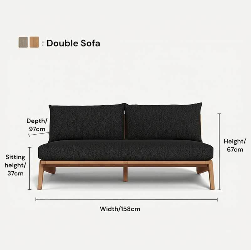 Black double sofa with dimensions labeled on a white background
