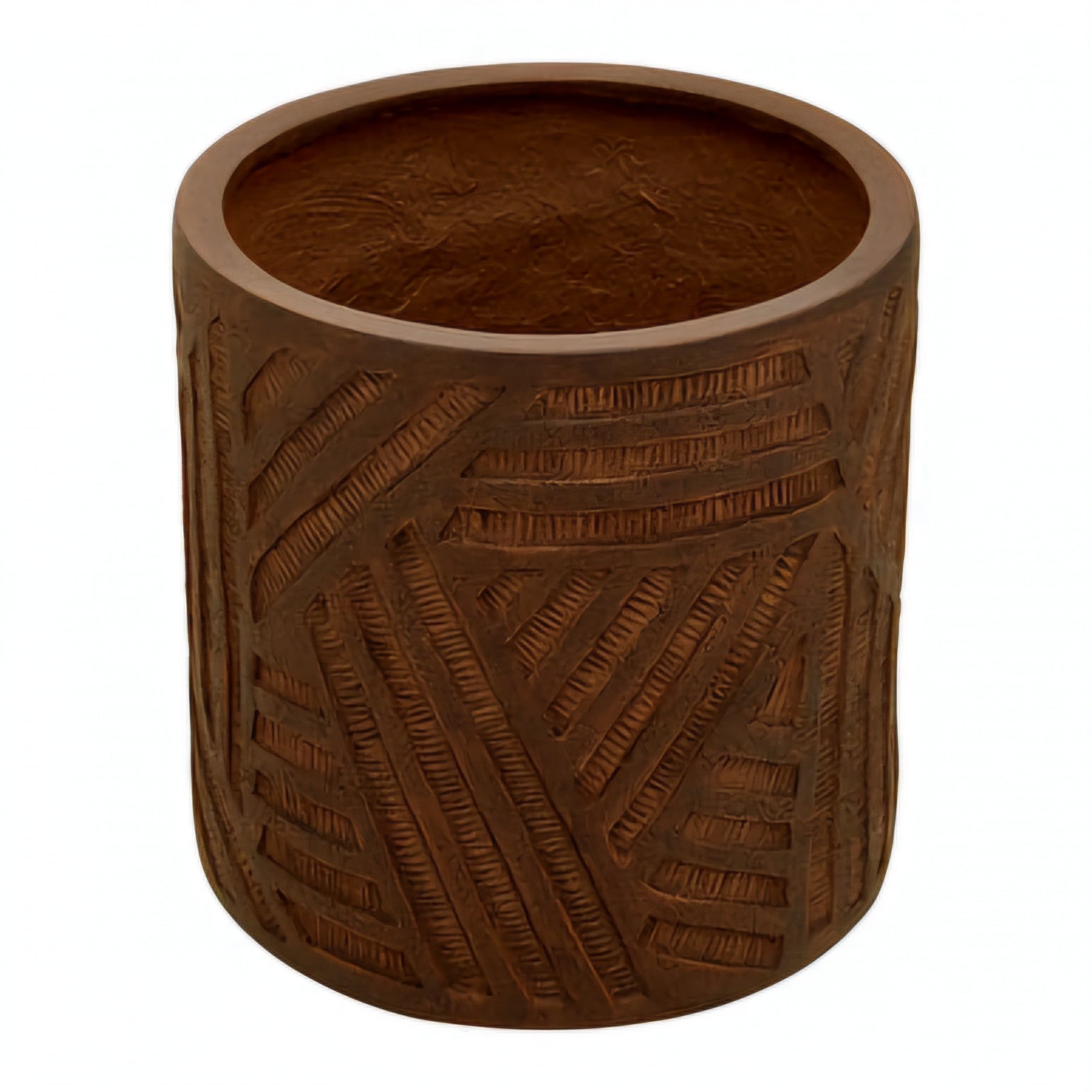 A cylindrical brown planter pot with a carved geometric pattern on the exterior, shown against a plain white background.