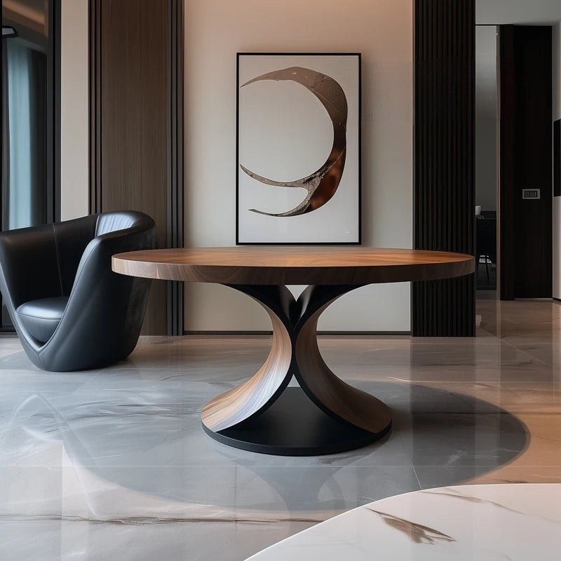 Modern dining table with a unique base design in a stylish interior setting.