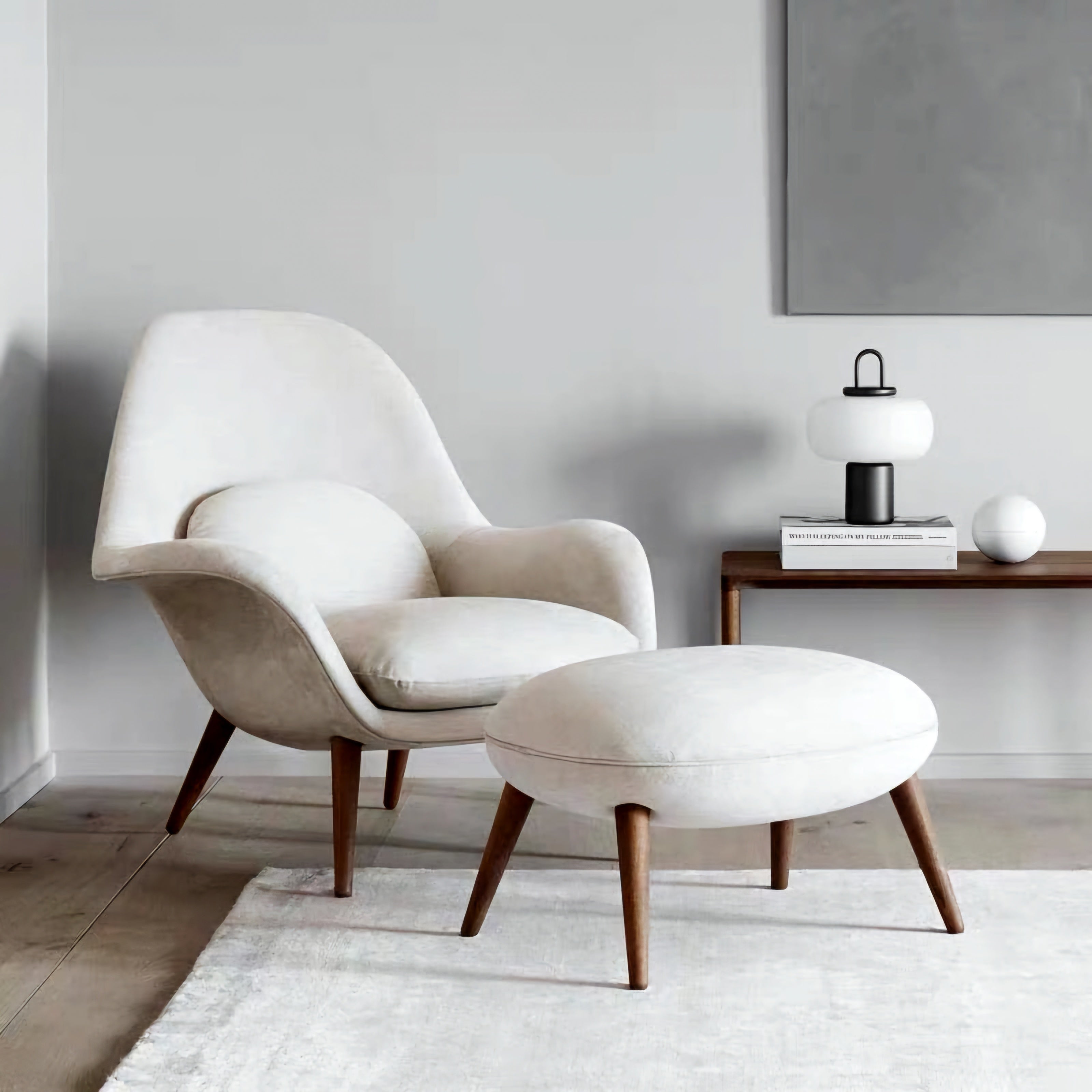 Swoon Lounge Petit Armchair And Stool, Brown, Wood Leg