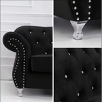 Black tufted velvet sofa with silver nailhead trim and silver metal legs, shown in a three-panel collage with a full side view, a close-up of the leg, and a close-up of the tufting.