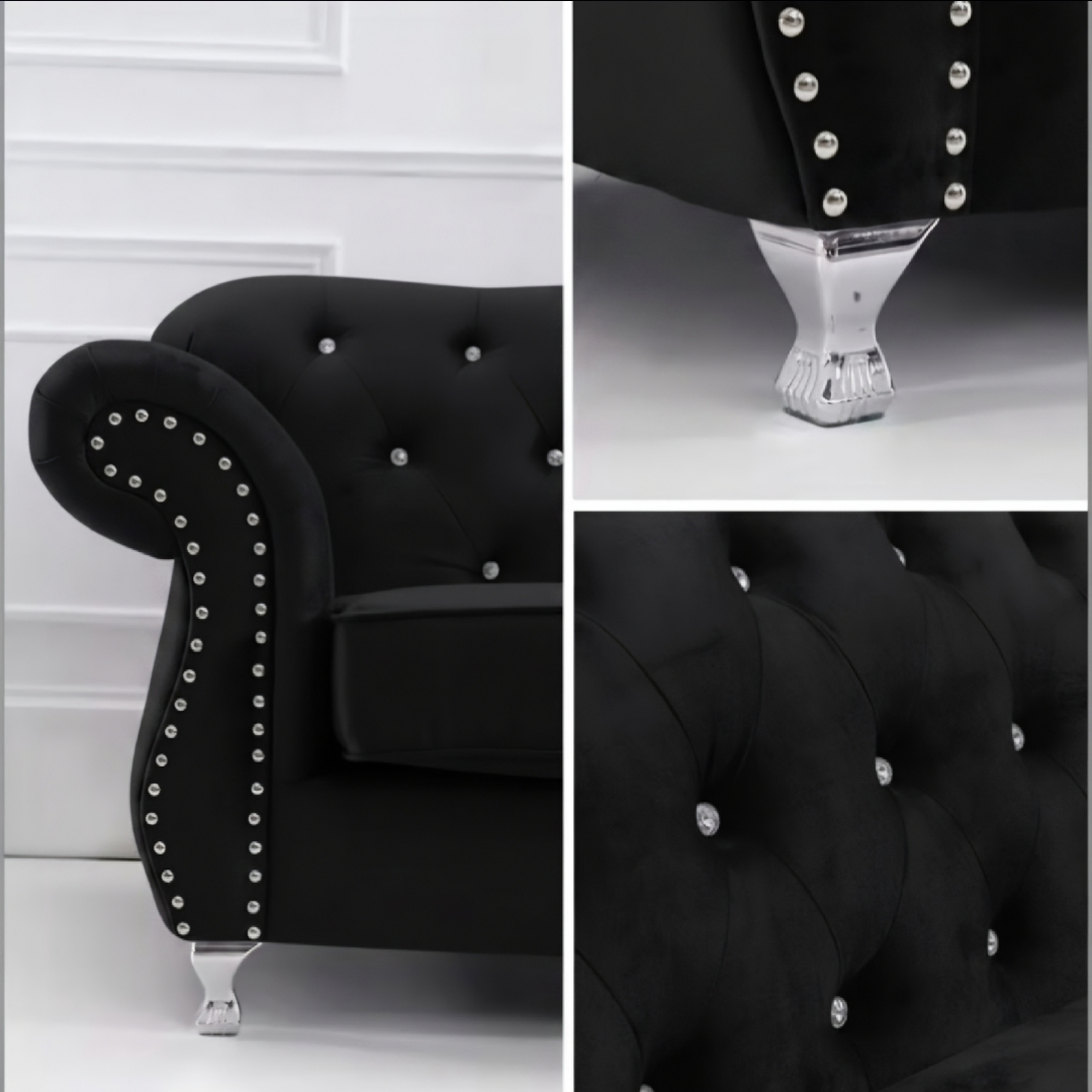 Black tufted velvet sofa with silver nailhead trim and silver metal legs, shown in a three-panel collage with a full side view, a close-up of the leg, and a close-up of the tufting.