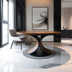 Modern dining room with a wooden table and chairs in a stylish interior.