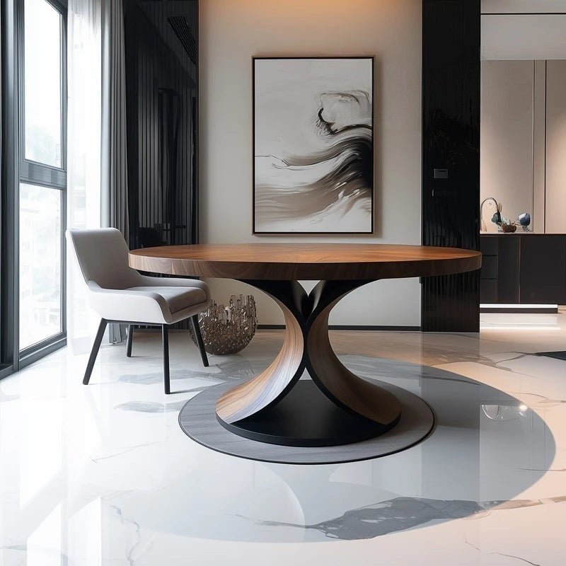 Modern dining room with a wooden table and chairs in a stylish interior.