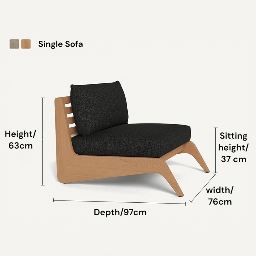 Single sofa with dimensions labeled on a white background