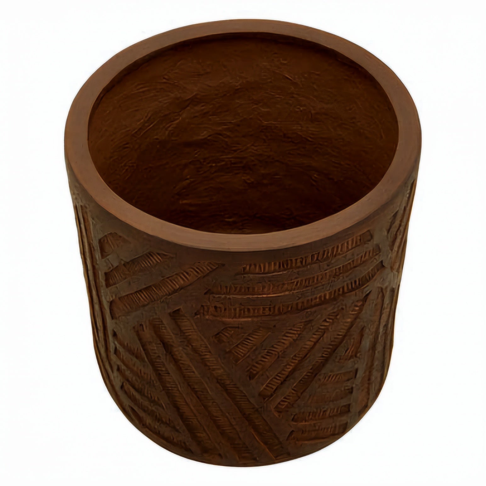 A dark brown textured planter pot with a carved geometric leaf pattern on the exterior, shown against a plain white background.