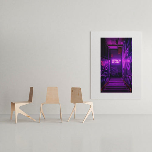 A framed art print featuring a neon-lit purple hallway with graffiti, displayed on a light gray wall above three minimalist light wood chairs.