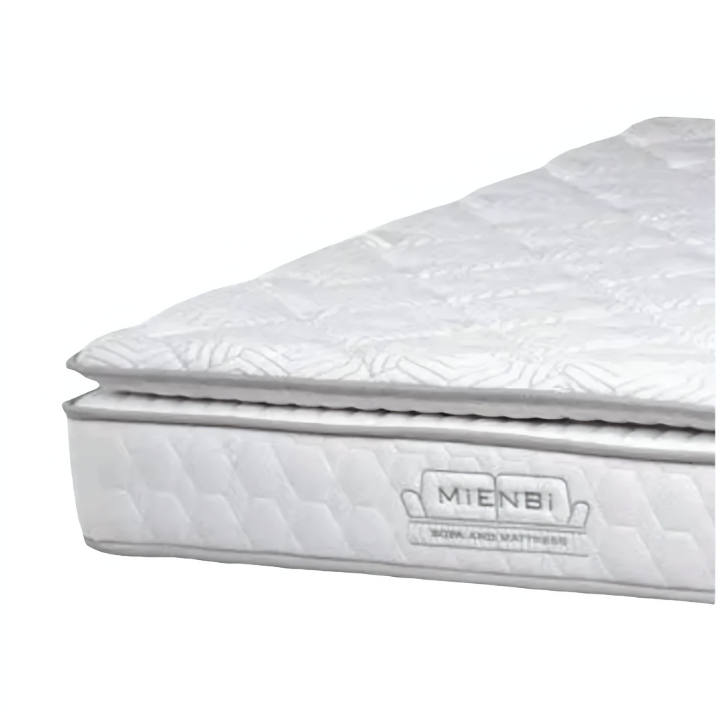 A close-up of a white quilted mattress topper or mattress corner with a visible Mienbi brand label on the side, isolated on a white background.