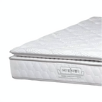 A close-up of a white quilted mattress topper or mattress corner with a visible Mienbi brand label on the side, isolated on a white background.