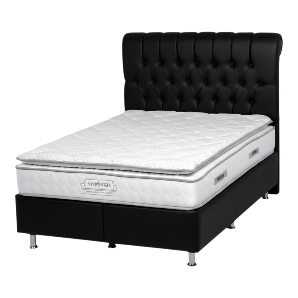 A black tufted upholstered bed frame with a white quilted mattress, shown on a plain white background. The brand name 'Mikeni' is visible on the side label of the mattress.