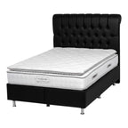 A black tufted upholstered bed frame with a white quilted mattress, shown on a plain white background. The brand name 'Mikeni' is visible on the side label of the mattress.