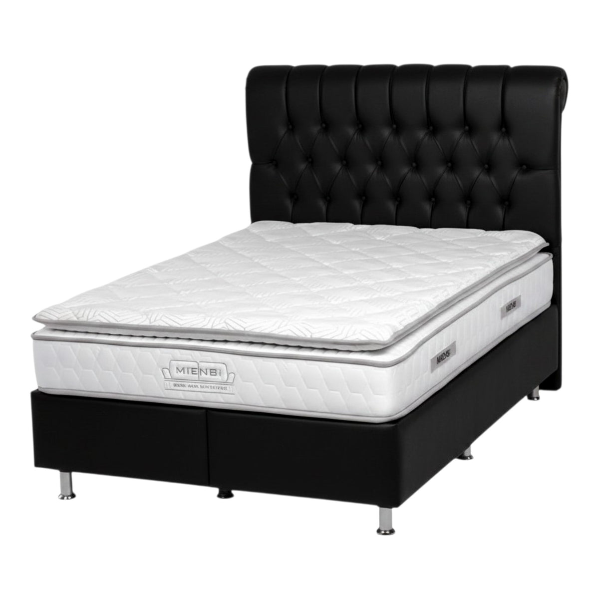 A black tufted upholstered bed frame with a white quilted mattress, shown on a plain white background. The brand name 'Mikeni' is visible on the side label of the mattress.