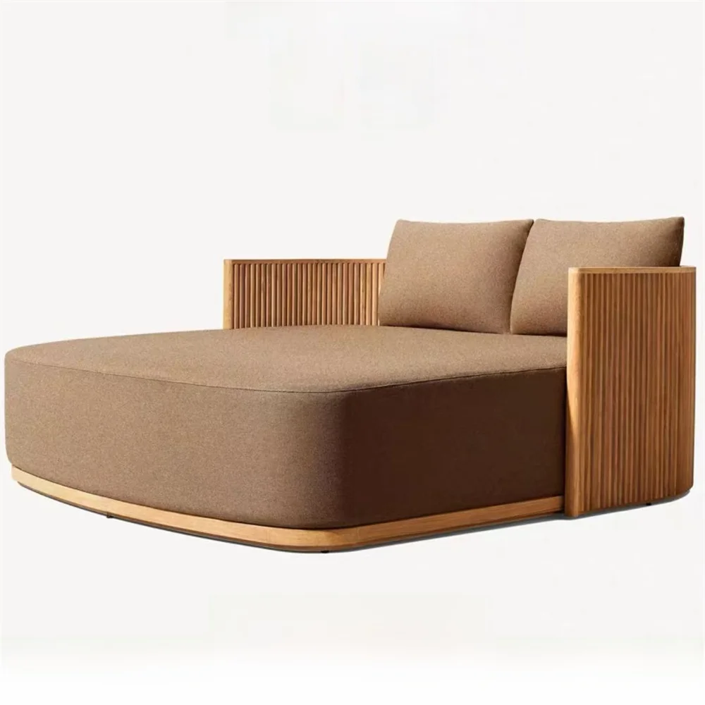 Modern brown sofa with wooden accents on a white background