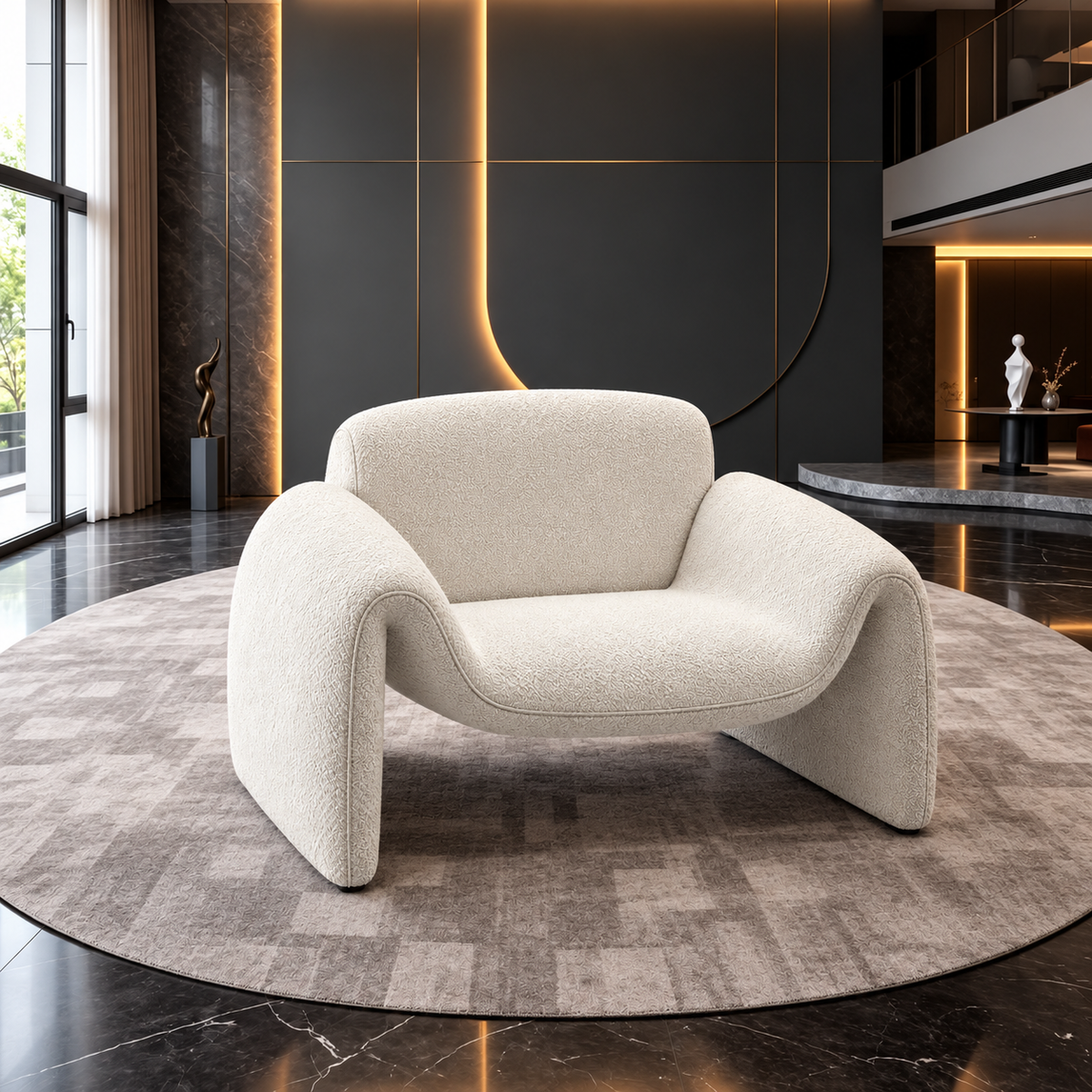 Modern curved armchair in textured off-white bouclé fabric on a round rug in a luxury contemporary living room with dark walls and warm ambient lighting.