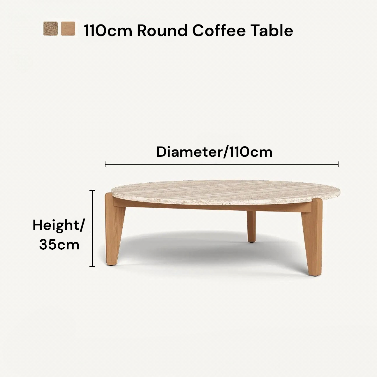 110cm round coffee table with dimensions on a white background