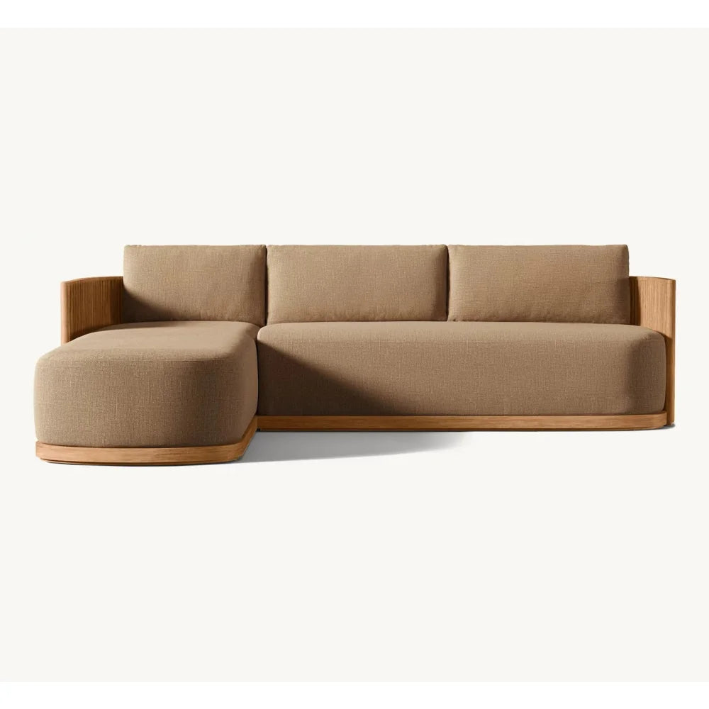 Beige sectional sofa with wooden armrests on a white background
