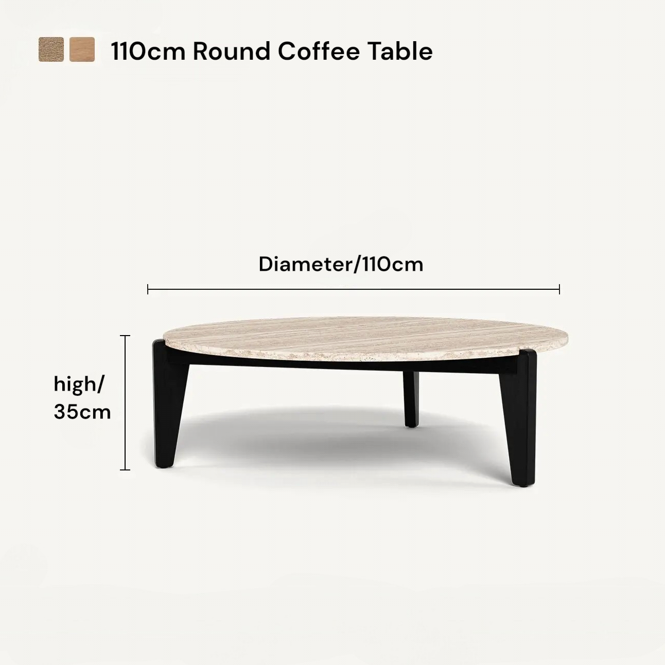 110cm round coffee table with dimensions on a white background