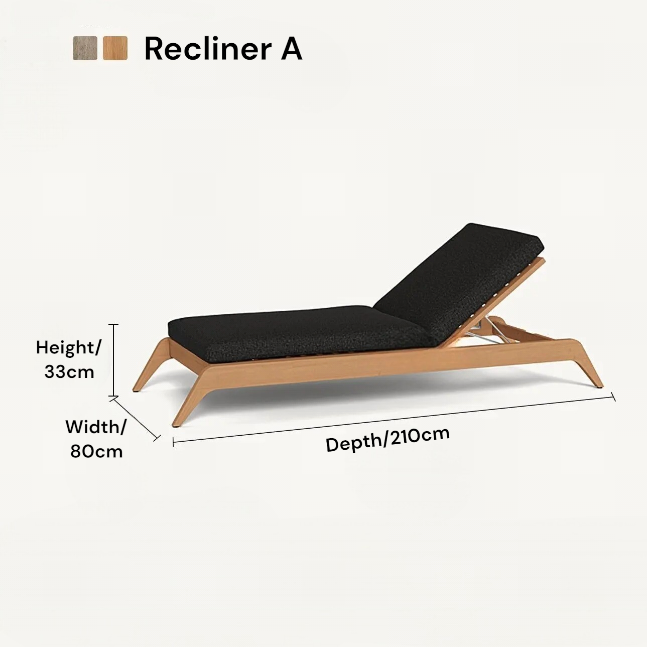 Wooden recliner chair with black cushion and dimensions on a white background
