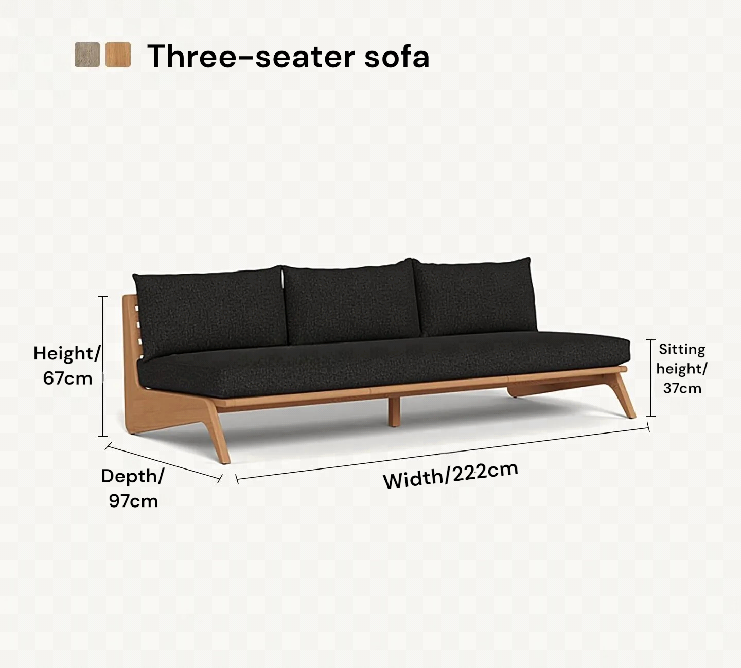 Three-seater sofa with dimensions on a white background