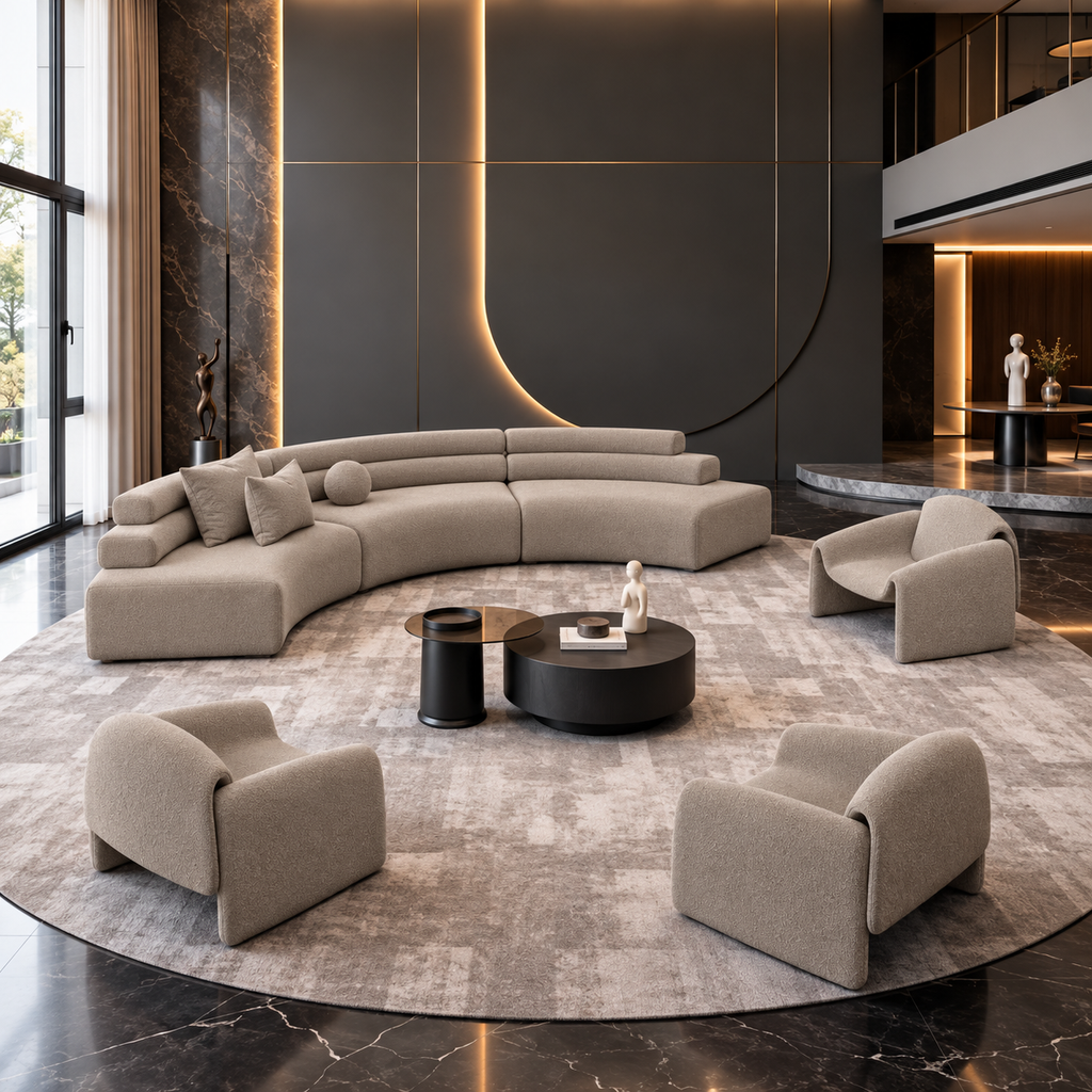 Curved taupe bouclé modular sofa with matching sculptural armchairs in a luxurious modern living room with dark marble floors, warm gold lighting and a round textured rug.