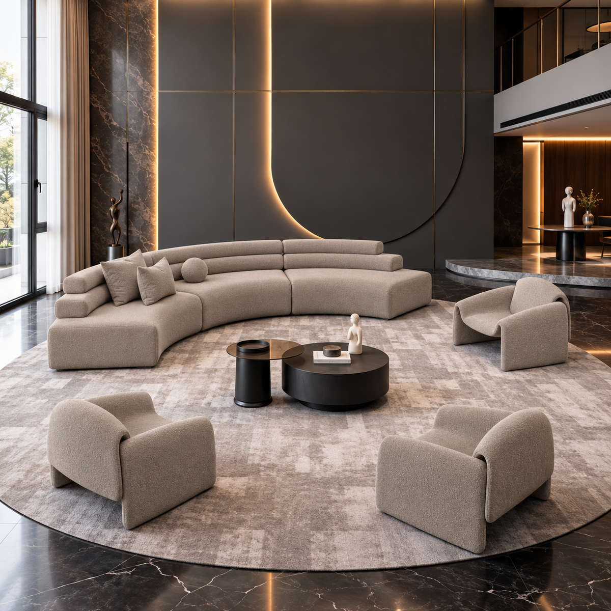 Curved taupe bouclé modular sofa with matching sculptural armchairs in a luxurious modern living room with dark marble floors, warm gold lighting and a round textured rug.