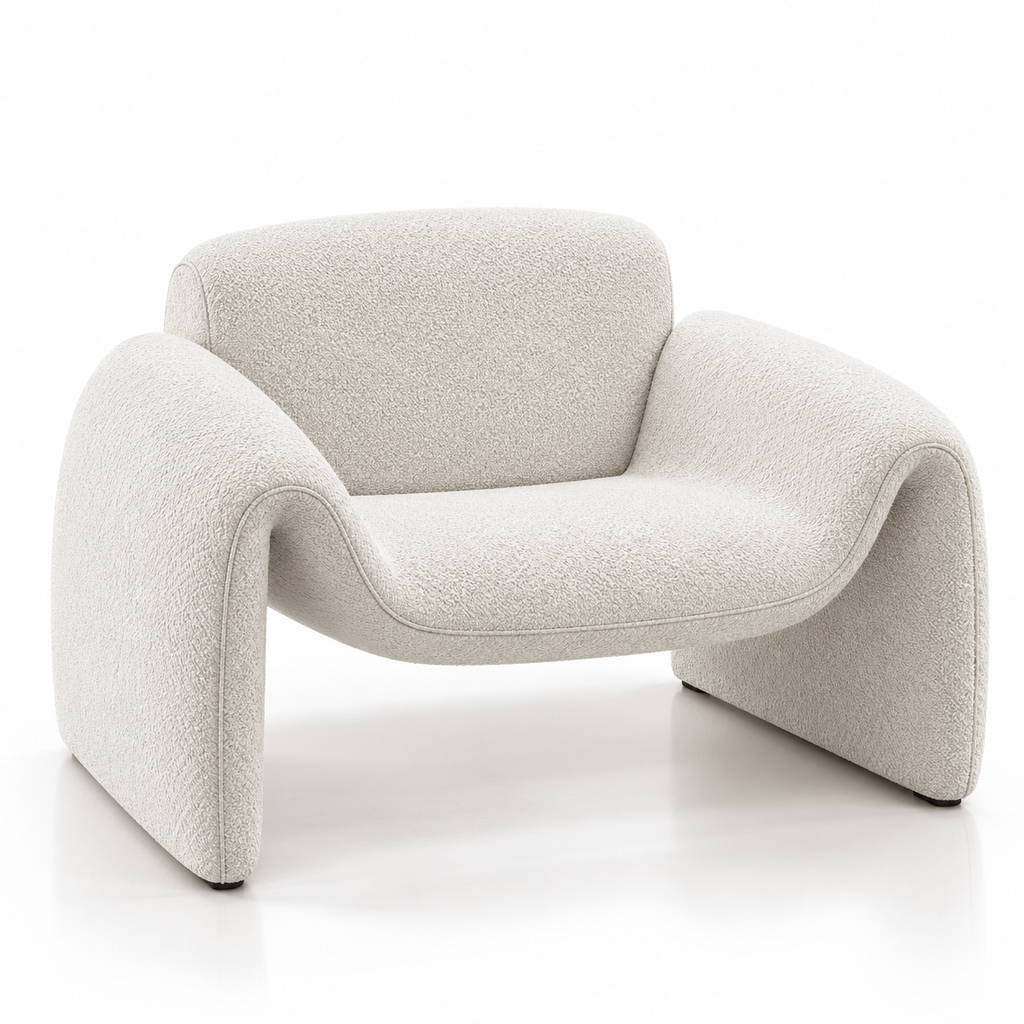 Modern curved armchair upholstered in textured off-white bouclé fabric, shown on a clean white studio background.