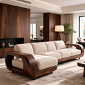 Walnut Frame Ivory Modular Chaise Sofa