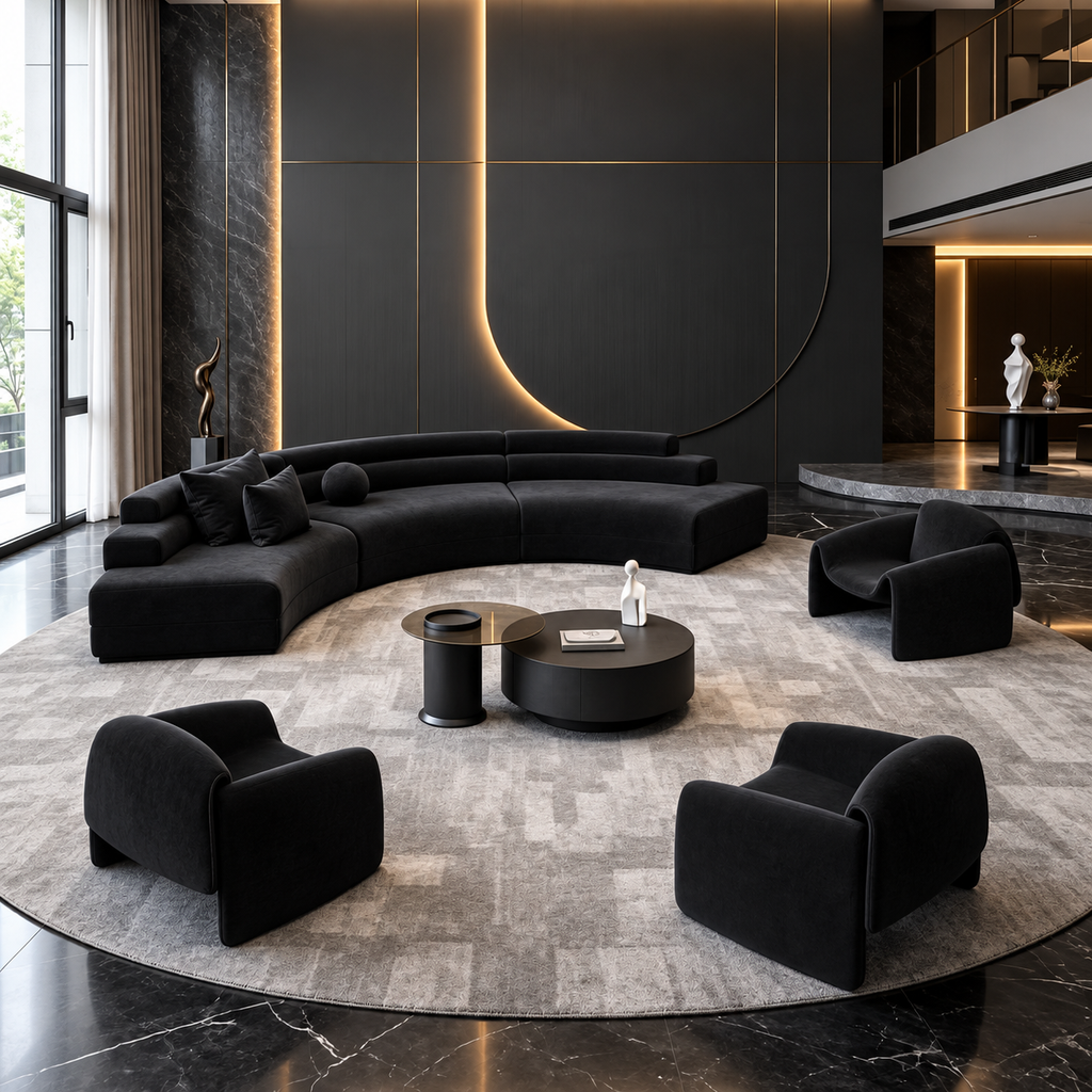 Curved black velvet sectional sofa with four matching armchairs in a luxury modern living room with gold LED lighting