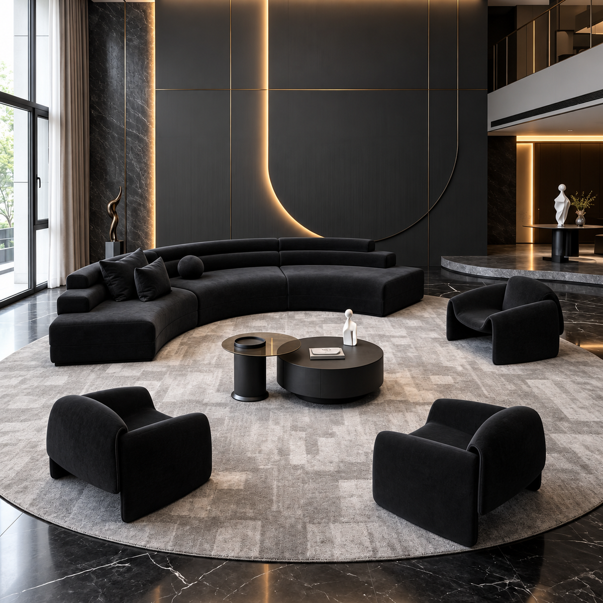 Curved black velvet sectional sofa with four matching armchairs in a luxury modern living room with gold LED lighting
