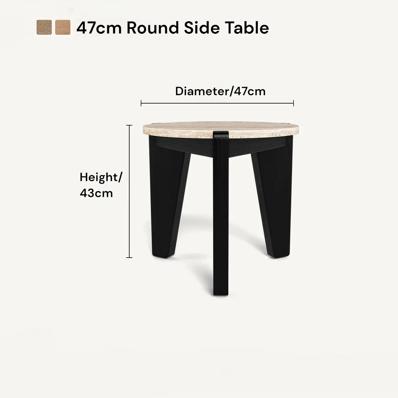 47cm round side table with dimensions on a white background