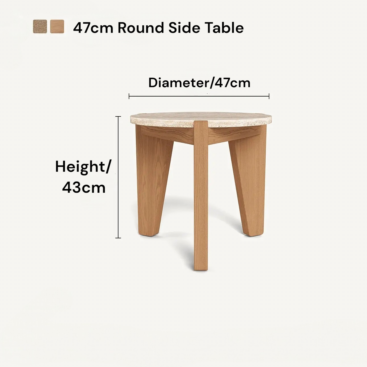 47cm round side table with measurements on a white background
