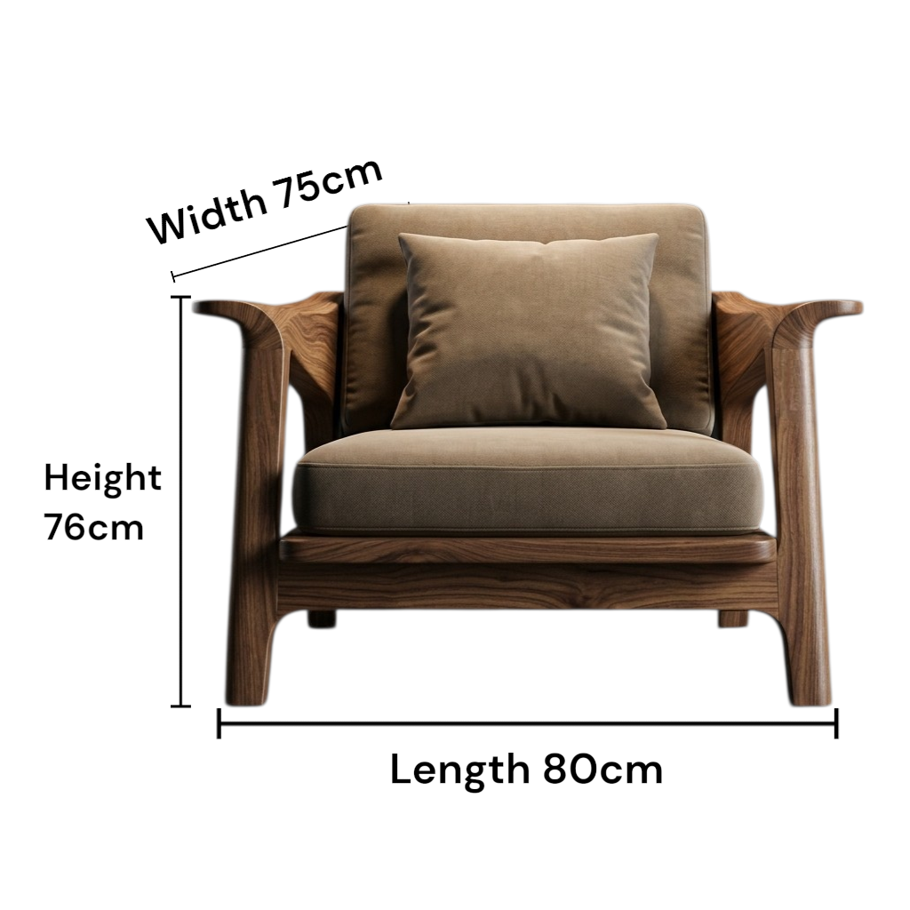 Brown armchair with dimensions labelled on a white background