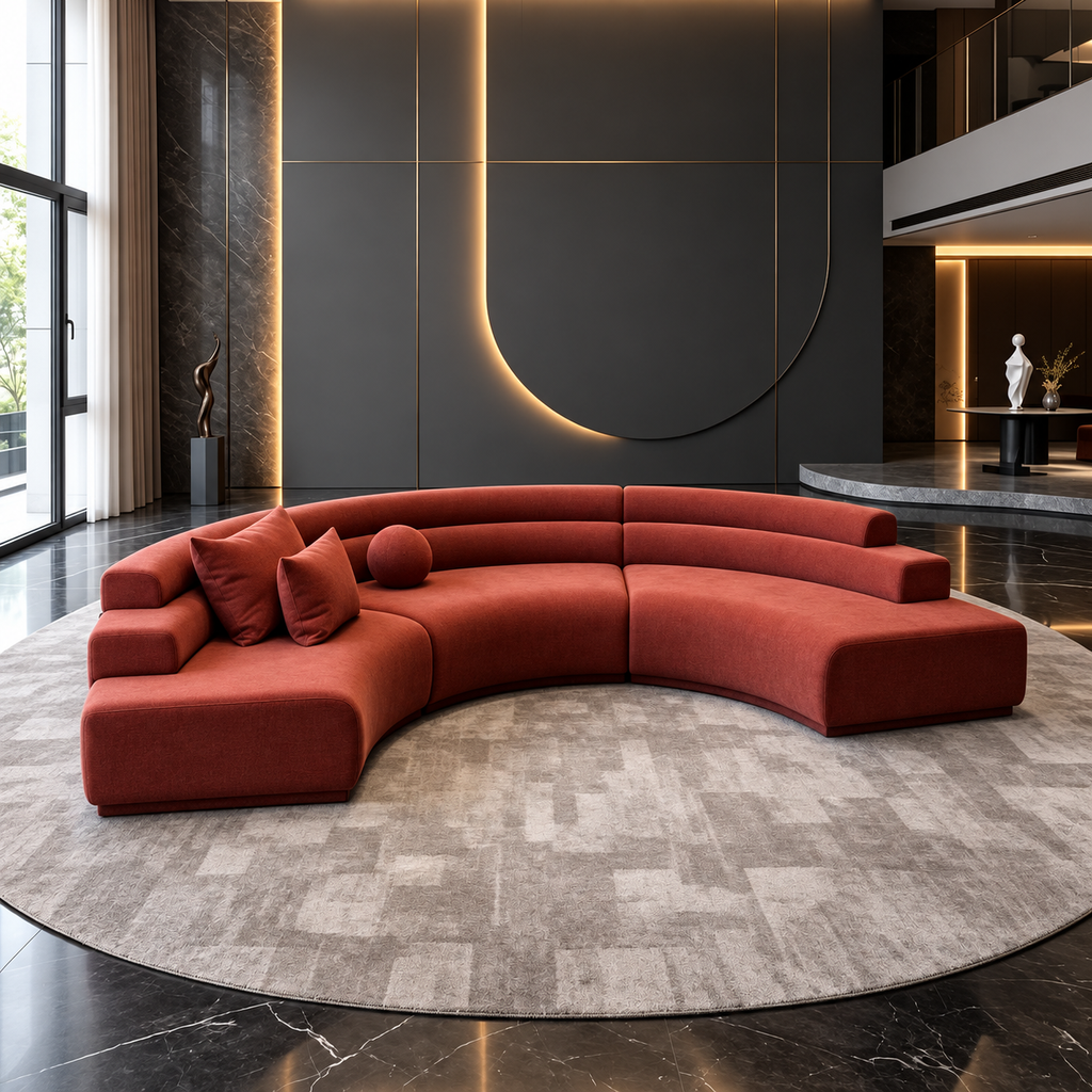 Curved rust-red fabric modular sectional sofa on a large round rug in a modern luxury living room with dark walls and warm ambient lighting.