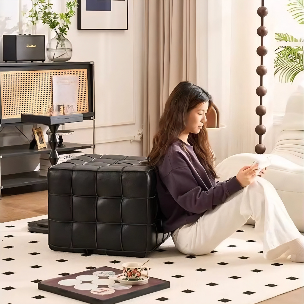 Beige Genuine Leather Tufted Ottoman, Footstool for Living Room & Bedroom