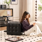 Beige Genuine Leather Tufted Ottoman, Footstool for Living Room & Bedroom