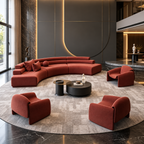Luxury curved modular sofa in rust-red fabric with four matching armchairs on a large round rug in a modern high-end living room