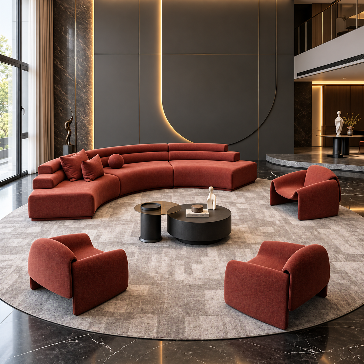 Luxury curved modular sofa in rust-red fabric with four matching armchairs on a large round rug in a modern high-end living room