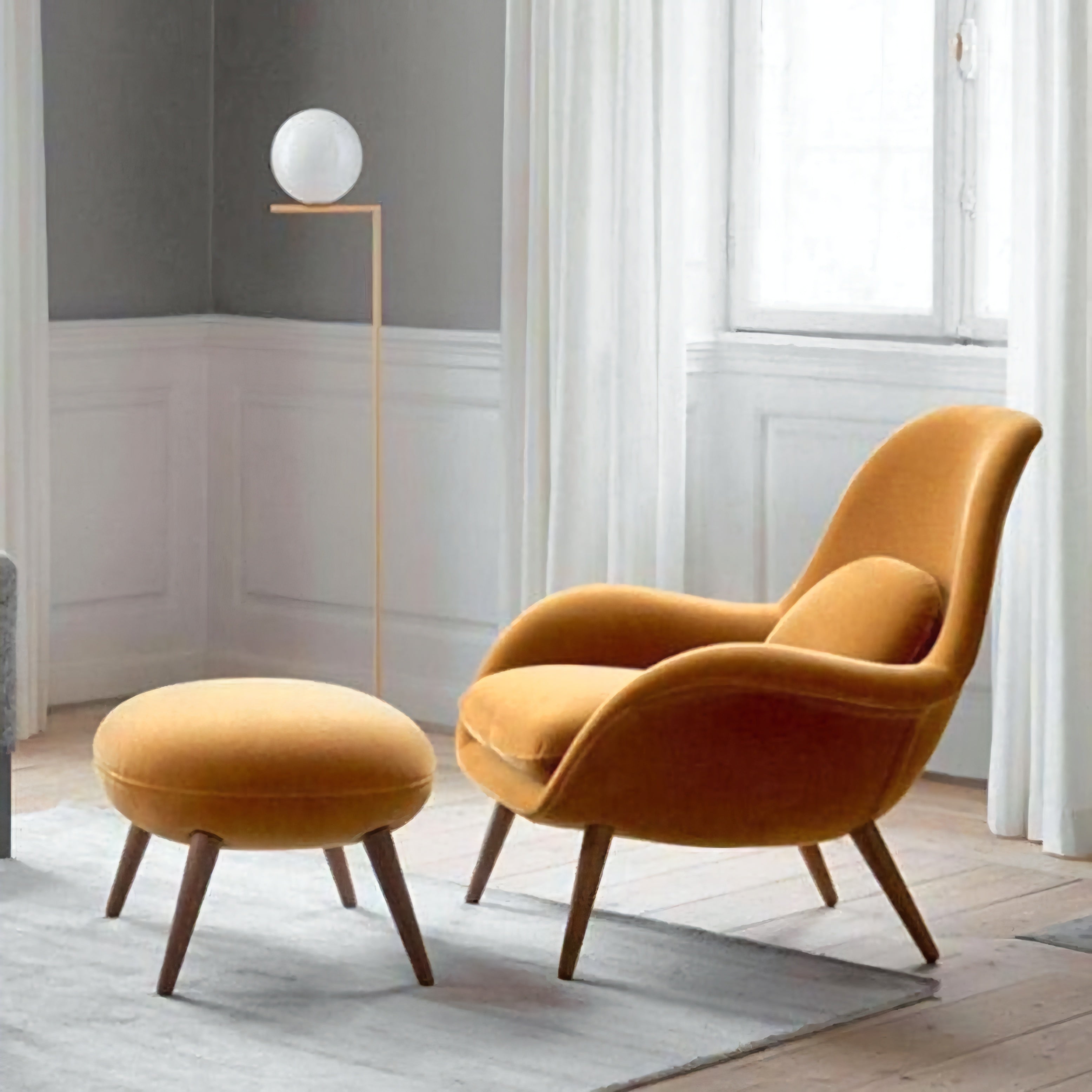Swoon Lounge Petit Armchair And Stool, Brown, Wood Leg
