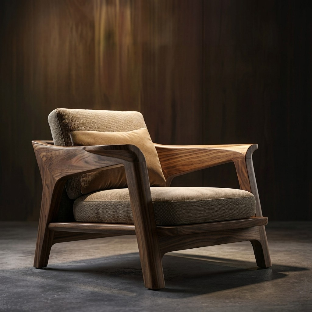 Wooden armchair with beige cushions on a dark background